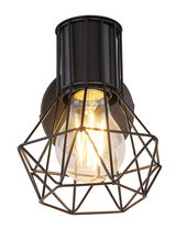 Schwarzer Metallstrahler mit geometrischem Gitterdesign, seitliche Perspektive, leuchtende Glühbirne sichtbar.