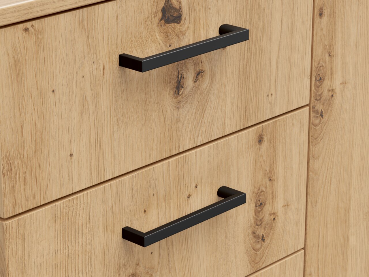 Nahaufnahme einer Kommode aus hellem Holz mit schwarzen Griffen, Perspektive von vorne.
