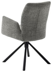 Grauer Sessel mit Stoffbezug, Rückansicht, auf schwarzem Metallgestell mit vier Beinen.