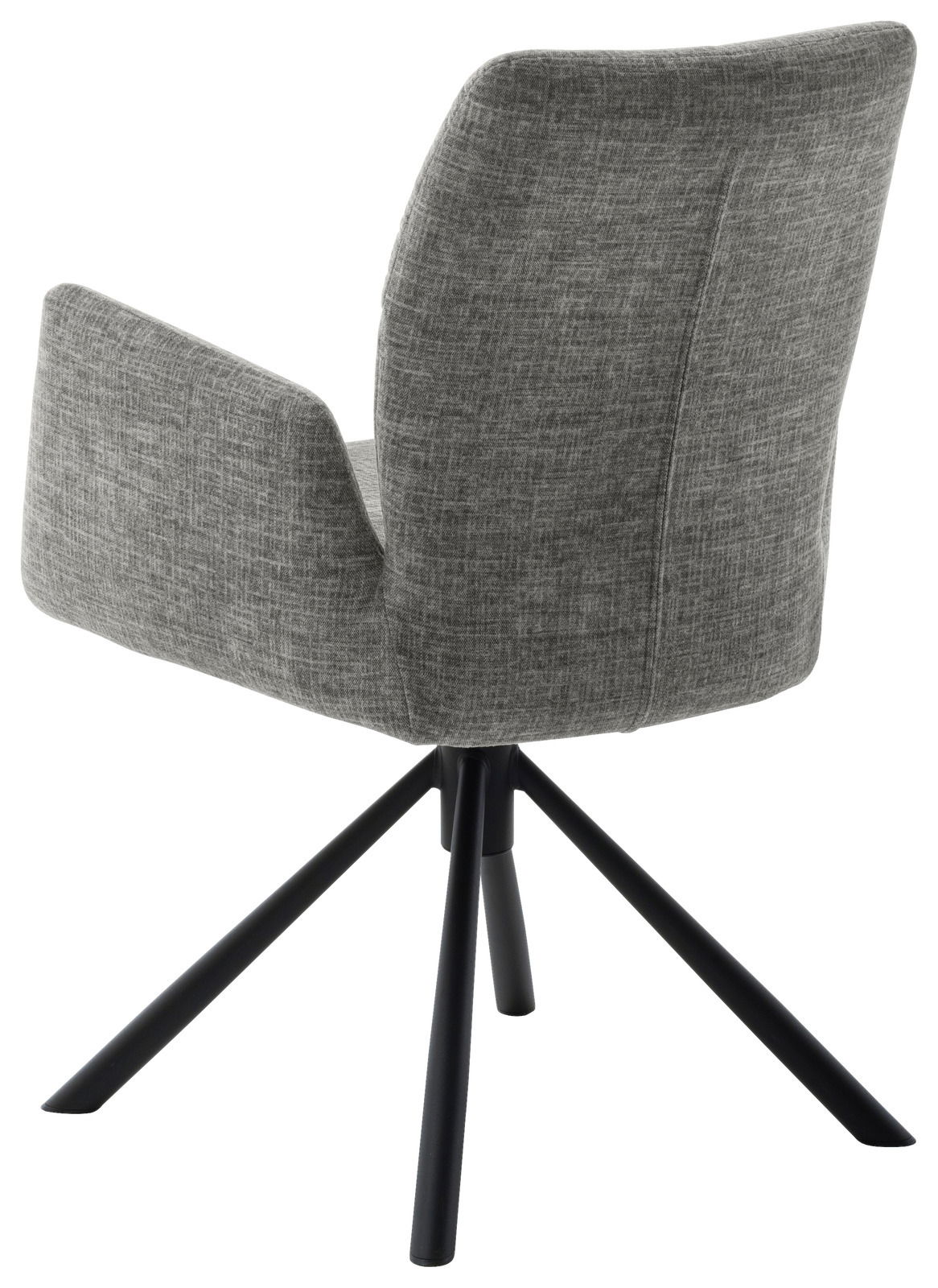 Grauer Sessel mit Stoffbezug, Rückansicht, auf schwarzem Metallgestell mit vier Beinen.