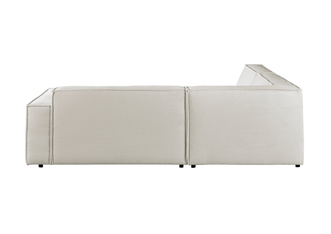 Seitenansicht einer beigen Eckkombination mit geradlinigem Design.