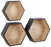 Dreiteiliges Wandregal-Set in sechseckiger Form, aus Holz mit schwarzem Rand, aus der Frontalperspektive.