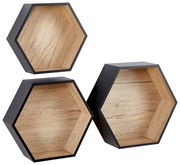 Dreiteiliges Wandregal-Set in sechseckiger Form, aus Holz mit schwarzem Rand, aus der Frontalperspektive.