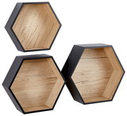 Dreiteiliges Wandregal-Set in sechseckiger Form, aus Holz mit schwarzem Rand, aus der Frontalperspektive.
