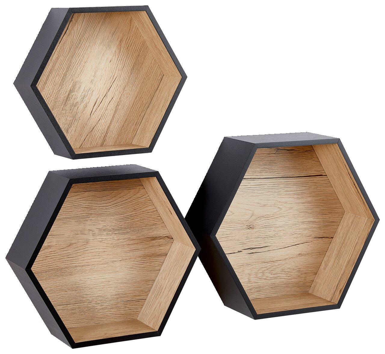 Dreiteiliges Wandregal-Set in sechseckiger Form, aus Holz mit schwarzem Rand, aus der Frontalperspektive.
