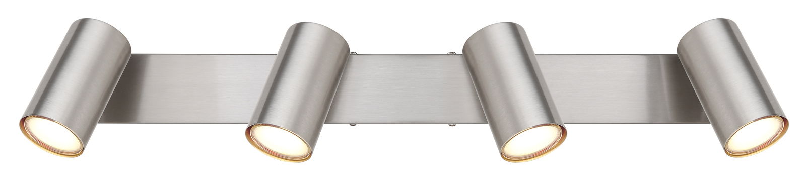 Moderner vierflammiger Strahler aus gebürstetem Metall, frontal abgebildet.