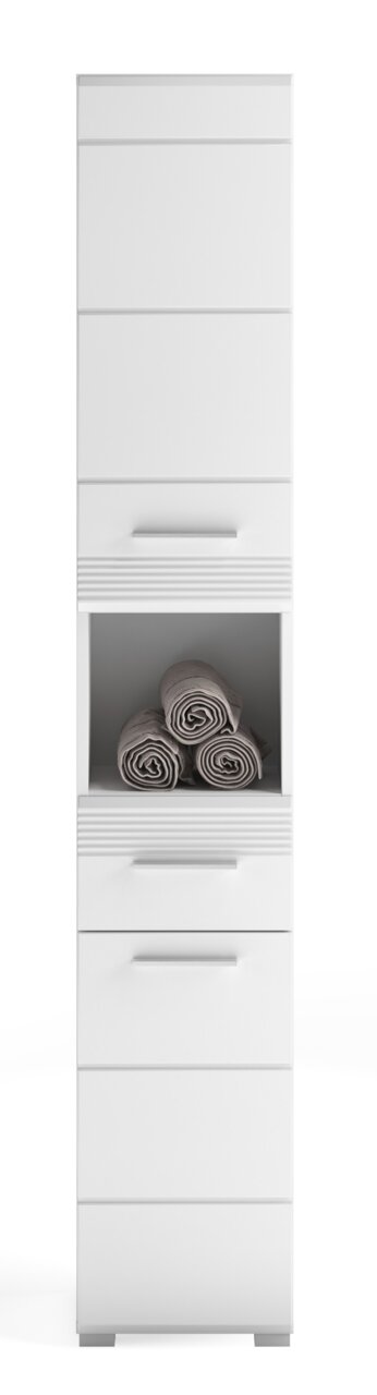 Weißer Hochschrank LINUS mit mehreren Schubladen und einem offenen Fach mit Handtüchern, Frontalansicht.