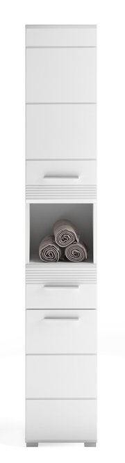 Weißer Hochschrank LINUS mit mehreren Schubladen und einem offenen Fach mit Handtüchern, Frontalansicht.