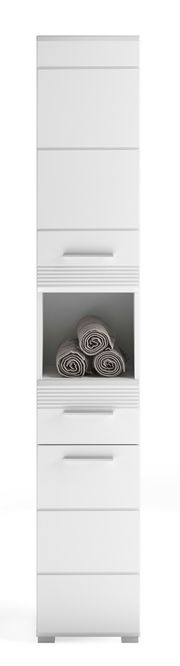 Weißer Hochschrank LINUS mit mehreren Schubladen und einem offenen Fach mit Handtüchern, Frontalansicht.