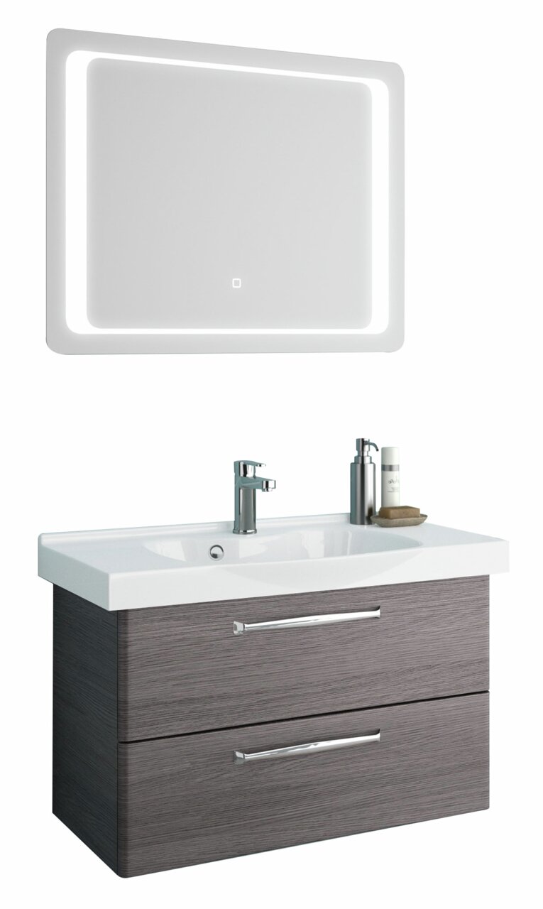 Moderner Badblock mit beleuchtetem Spiegel und Waschbecken, Frontansicht