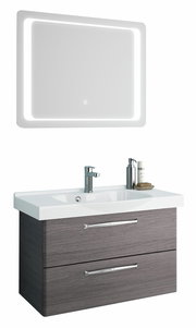 Moderner Badblock mit beleuchtetem Spiegel und Waschbecken, Frontansicht