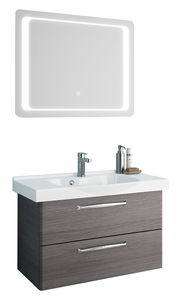 Moderner Badblock mit beleuchtetem Spiegel und Waschbecken, Frontansicht