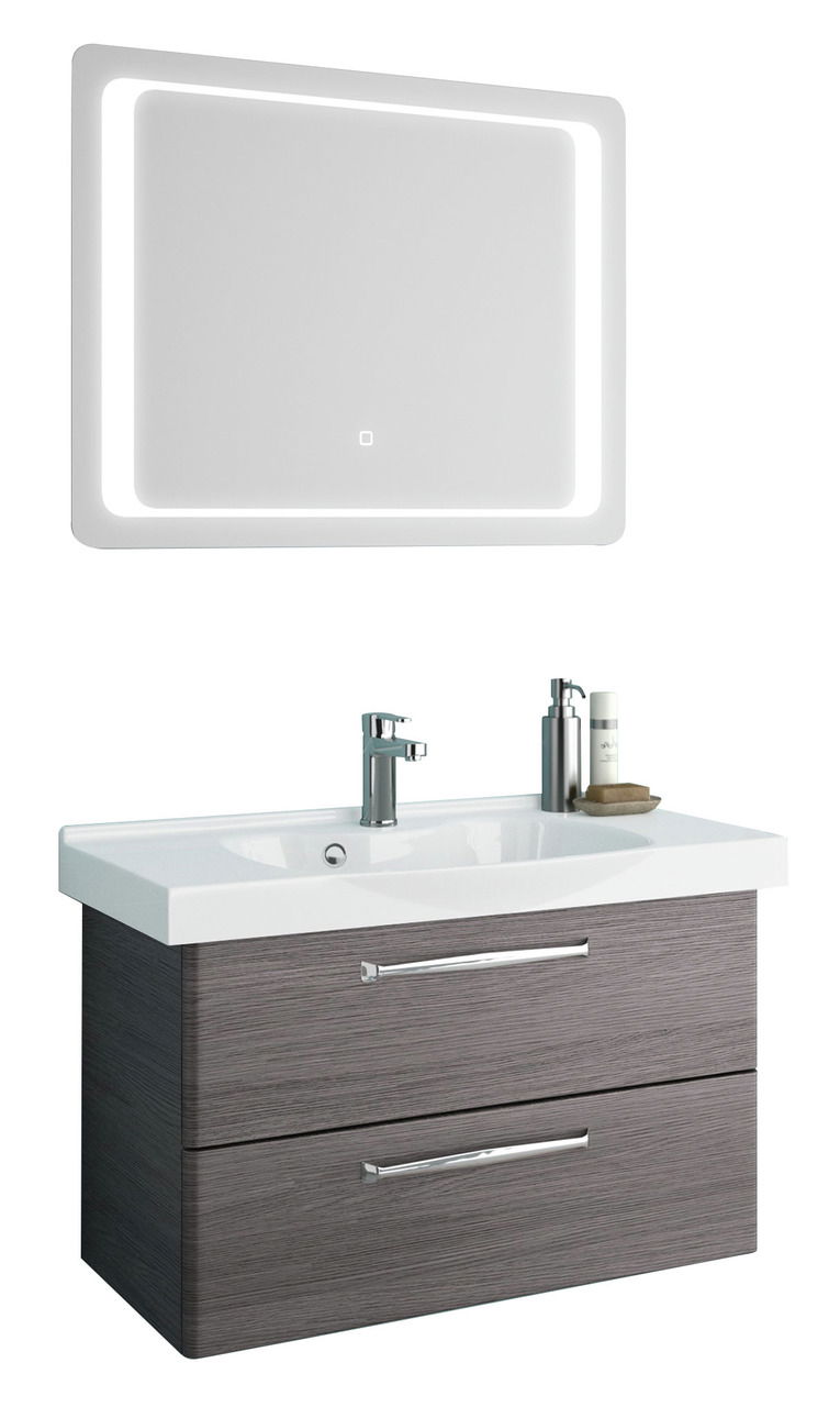 Moderner Badblock mit beleuchtetem Spiegel und Waschbecken, Frontansicht