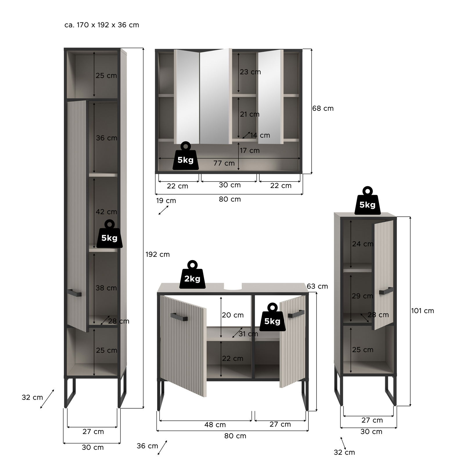 Badkombination bestehend aus einem hohen Schrank, einem Spiegelschrank und einem Unterschrank, alle in modernem Design mit gerillten Türen und Metallfüßen, perspektivisch von vorne dargestellt.