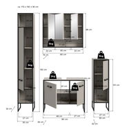 Badkombination bestehend aus einem hohen Schrank, einem Spiegelschrank und einem Unterschrank, alle in modernem Design mit gerillten Türen und Metallfüßen, perspektivisch von vorne dargestellt.