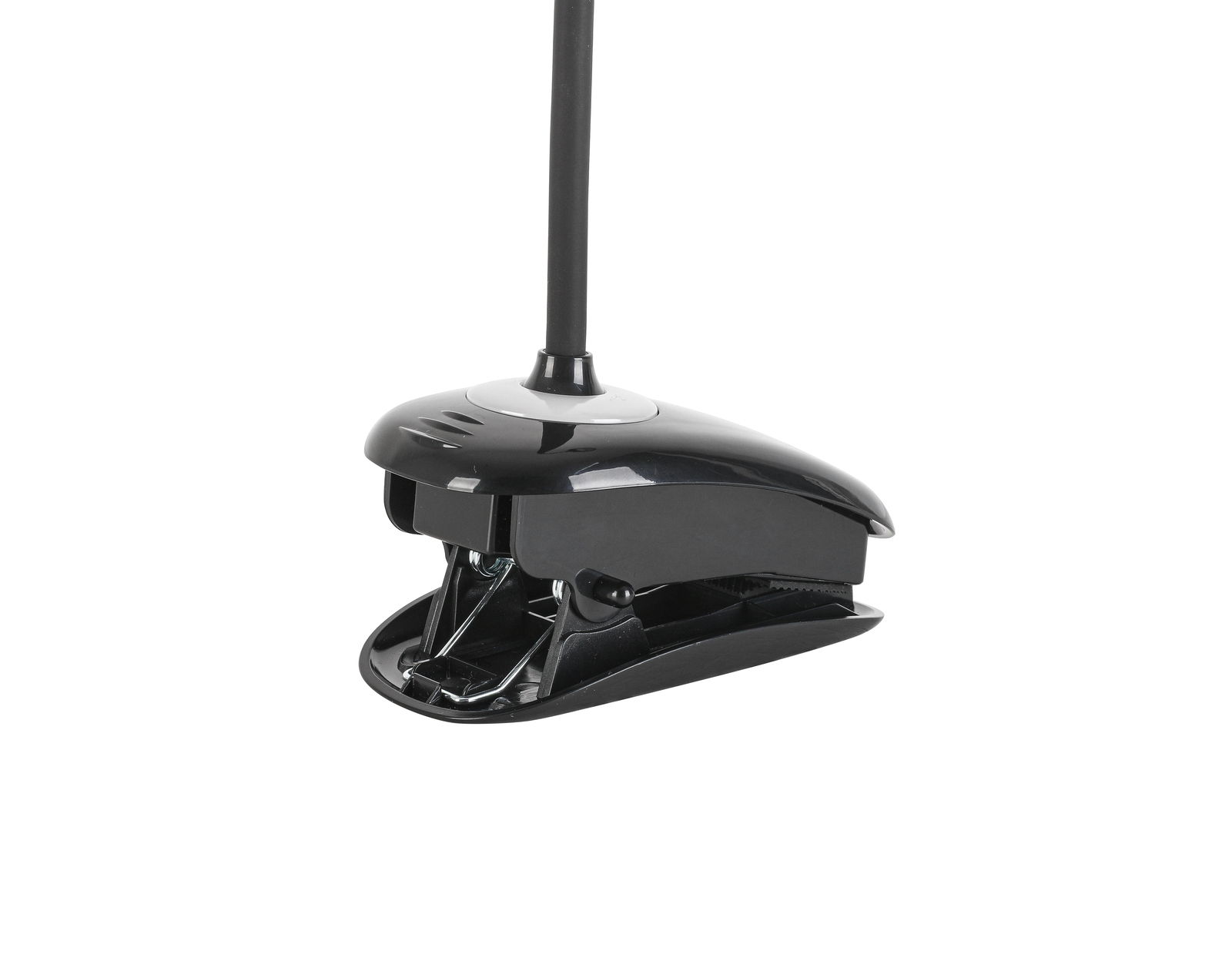 Schwarze LED-Klemmleuchte, seitliche Perspektive