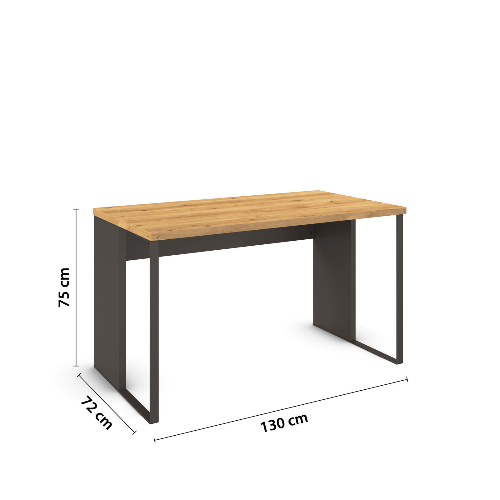 Moderner Schreibtisch mit Holzplatte und Metallgestell, seitliche Perspektive, Maße: 130 cm x 72 cm x 75 cm