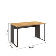 Moderner Schreibtisch mit Holzplatte und Metallgestell, seitliche Perspektive, Maße: 130 cm x 72 cm x 75 cm