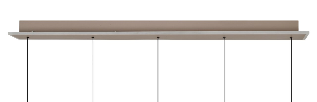 Moderne LED-hanglamp in zijaanzicht, met een minimalistisch ontwerp en vier ophangpunten.