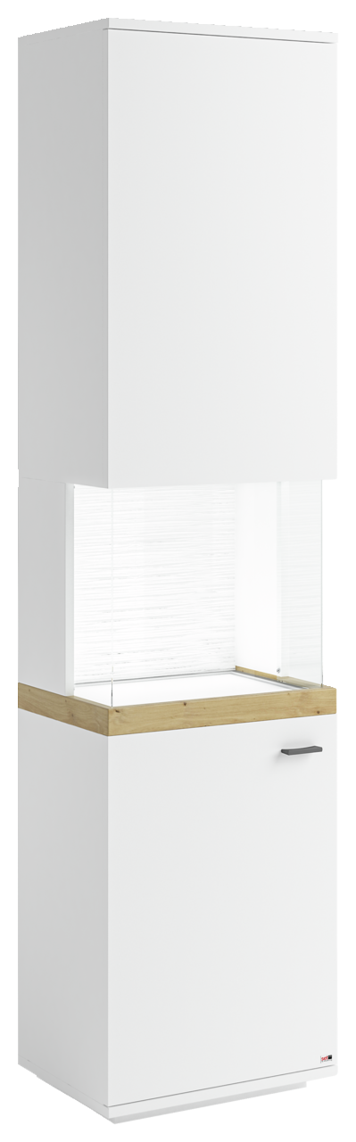 Set one by Musterring Vitrine links SET ONE LANCASTER Weiße Vitrine mit Holzdetails, frontal betrachtet, mit zwei Türen und einem Glaseinsatz in der Mitte.