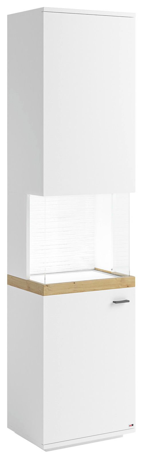 Weiße Vitrine mit Holzdetails, frontal betrachtet, mit zwei Türen und einem Glaseinsatz in der Mitte.