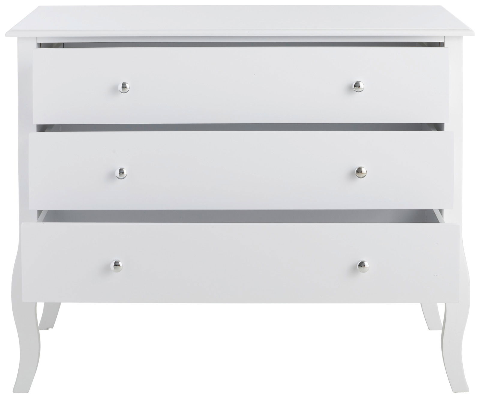 Weiße Kommode mit drei Schubladen, frontal betrachtet, mit eleganten, geschwungenen Beinen.