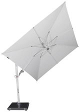 Moderner Pendelschirm in seitlicher Perspektive mit stabilem Standfuß und verstellbarem Schirmdach.