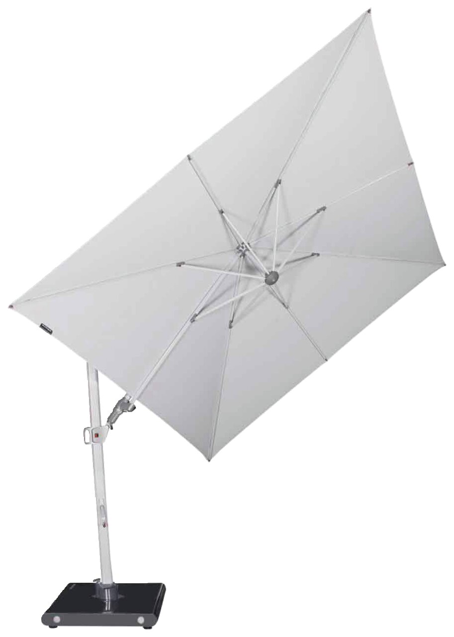 Moderner Pendelschirm in seitlicher Perspektive mit stabilem Standfuß und verstellbarem Schirmdach.