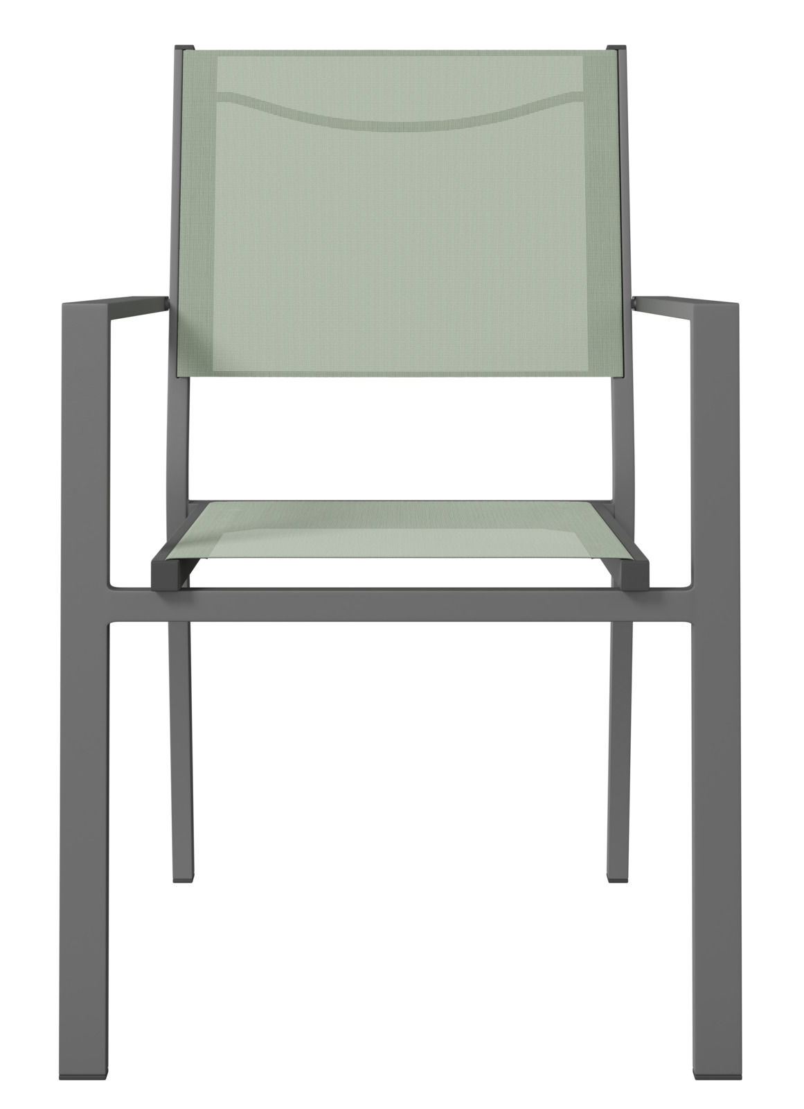 Moderner Stapelsessel mit grauem Metallrahmen und hellgrüner Sitzfläche, Frontalansicht.