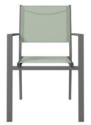 Moderner Stapelsessel mit grauem Metallrahmen und hellgrüner Sitzfläche, Frontalansicht.