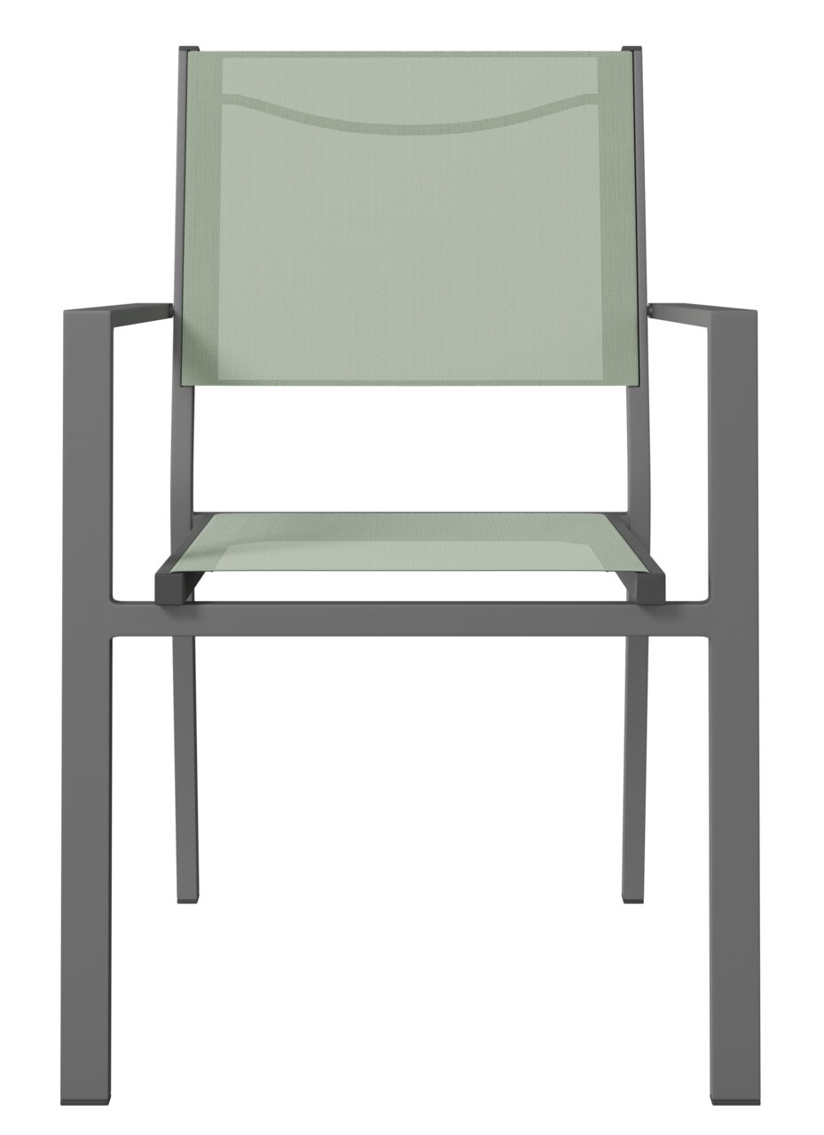 Moderner Stapelsessel mit grauem Metallrahmen und hellgrüner Sitzfläche, Frontalansicht.