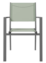 Moderner Stapelsessel mit grauem Metallrahmen und hellgrüner Sitzfläche, Frontalansicht.