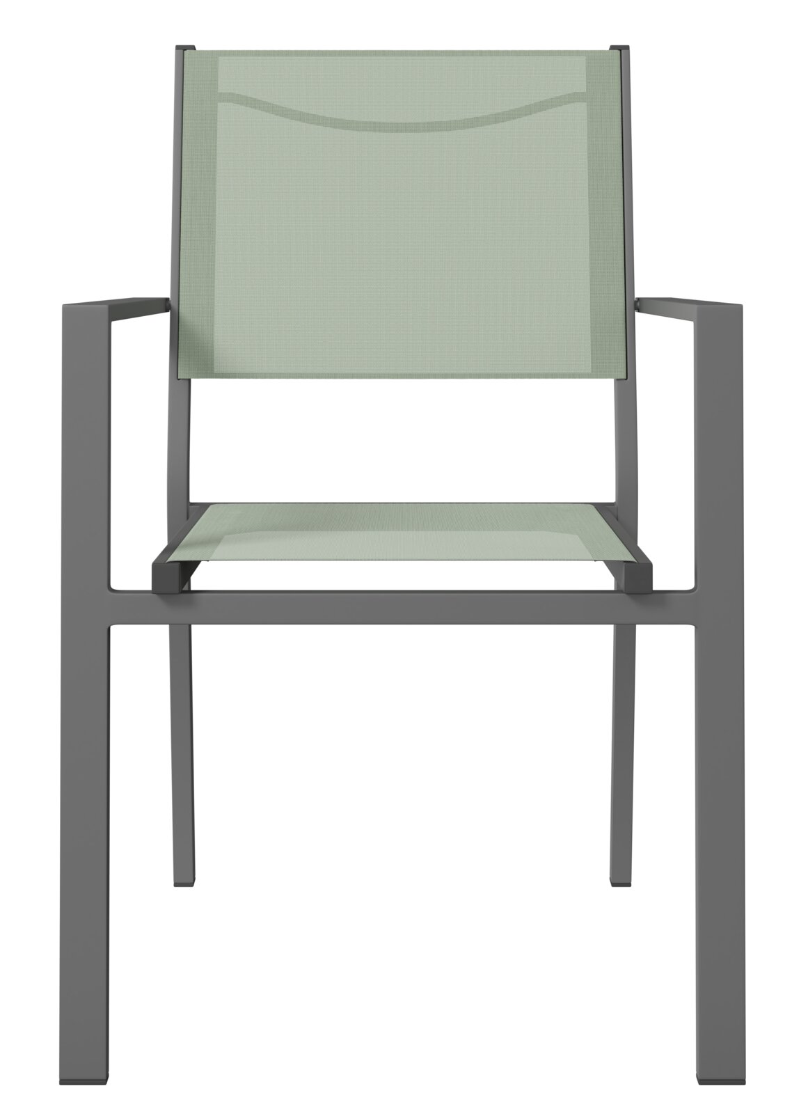 Moderner Stapelsessel mit grauem Metallrahmen und hellgrüner Sitzfläche, Frontalansicht.