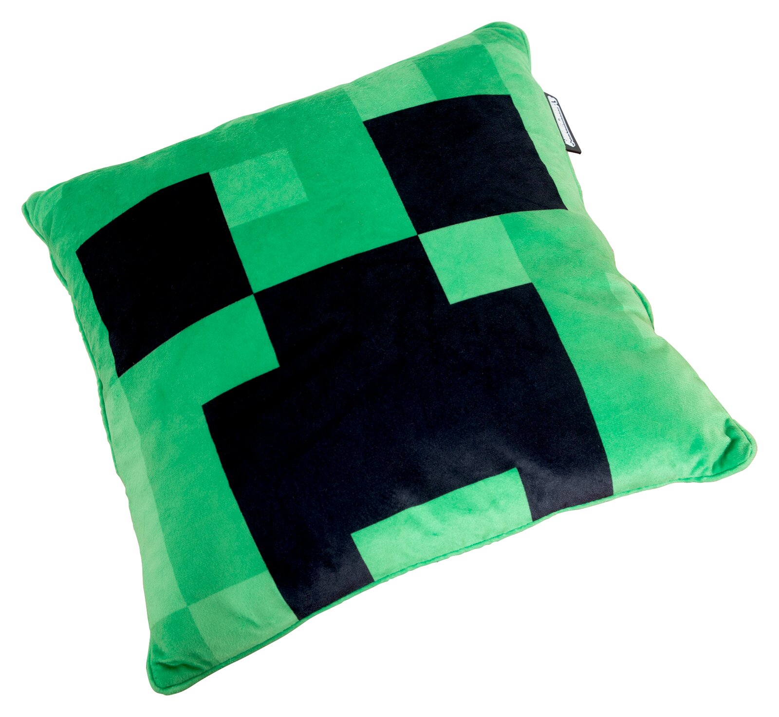 Grün-schwarzes, pixeliges Dekokissen im Minecraft-Creeper-Design aus weichem Plüsch, freigestellt auf weißem Hintergrund, in schräger Vorderansicht von oben