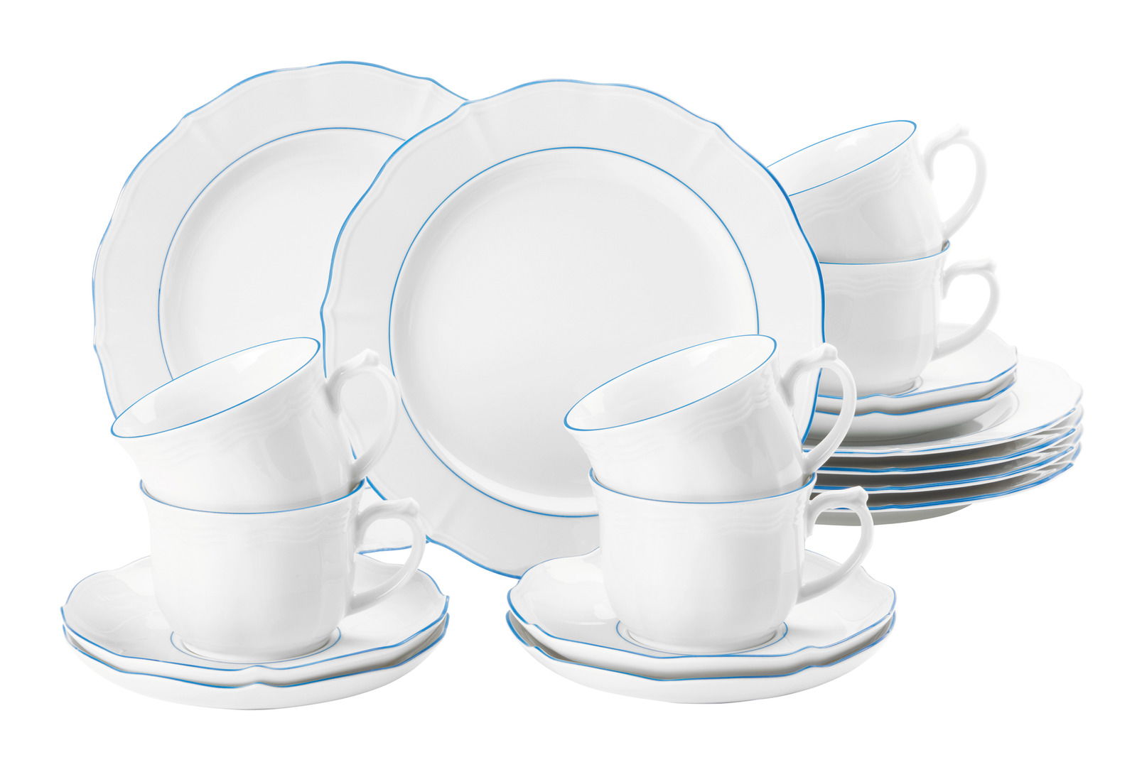 Seltmann Weiden Kaffeeservice 18-tlg. SONATE BLUE LINES Kaffeeservice 18-tlg. aus weißem Porzellan mit blauer Umrandung, bestehend aus Tassen, Untertassen und Tellern, seitliche Perspektive