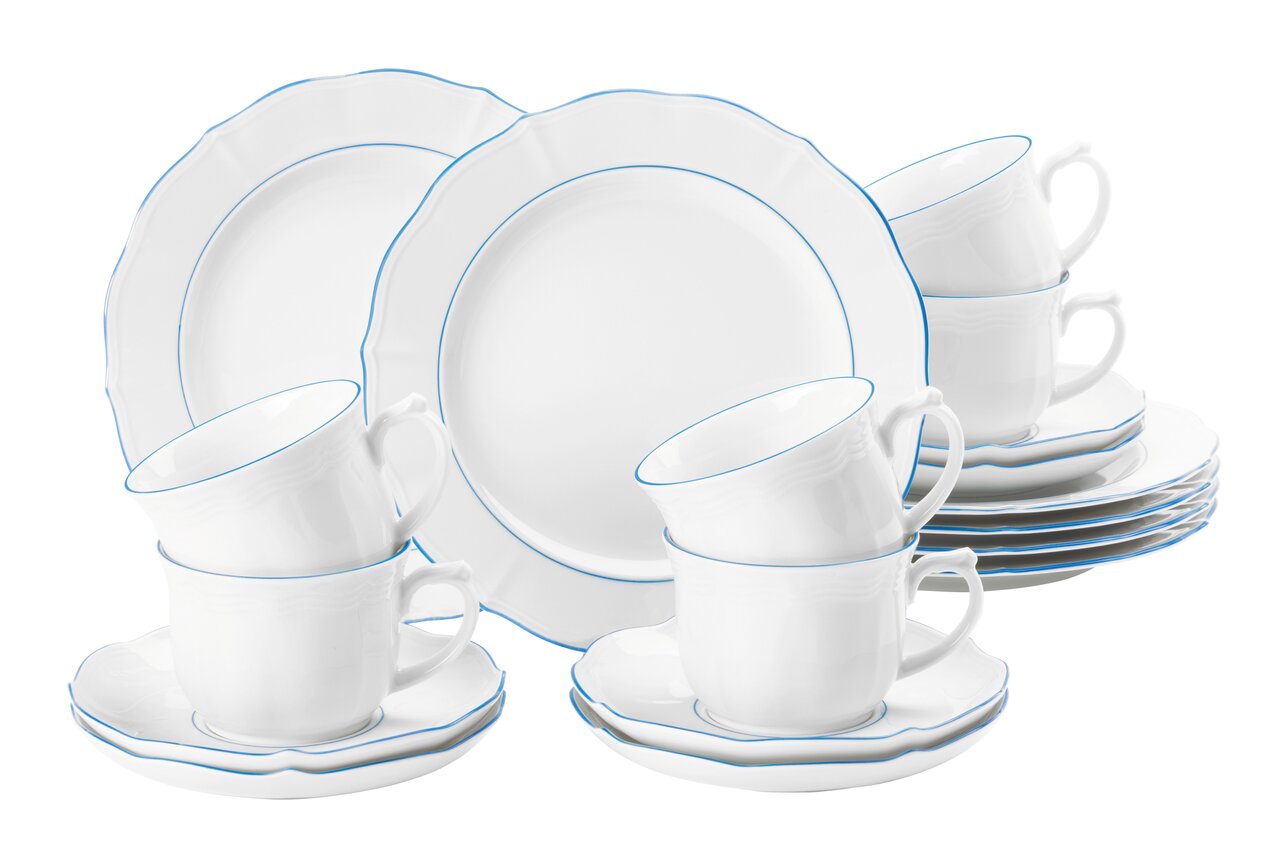 Kaffeeservice 18-tlg. aus weißem Porzellan mit blauer Umrandung, bestehend aus Tassen, Untertassen und Tellern, seitliche Perspektive