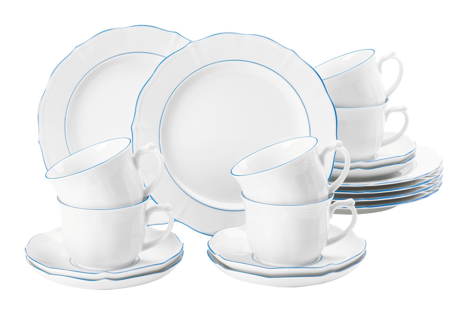 Koffieservies, 18-delig, van wit porselein met blauwe rand, bestaande uit kopjes, schoteltjes en borden, zijaanzicht