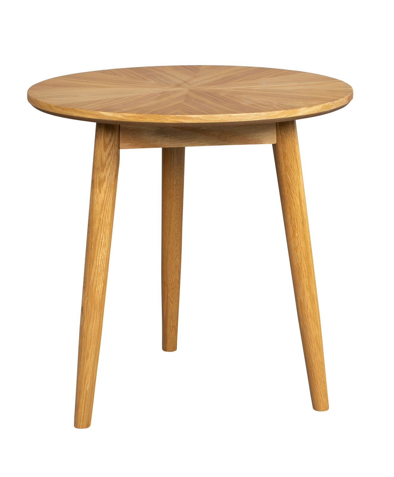 Runder Beistelltisch aus Holz mit drei Beinen, seitliche Perspektive