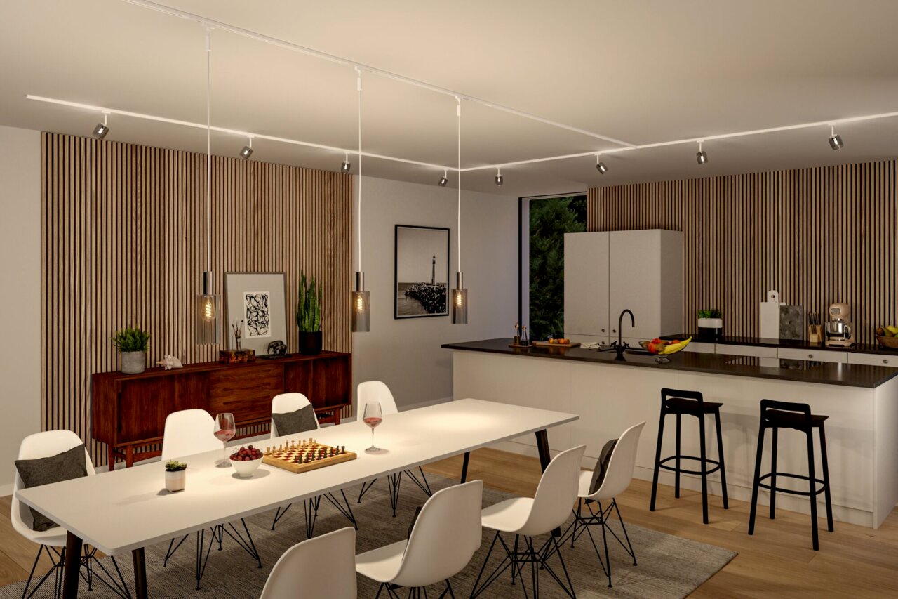 Moderne Küche mit Schienenspot-Beleuchtung, Blick von der Seite auf den Esstisch und die Küchenzeile.