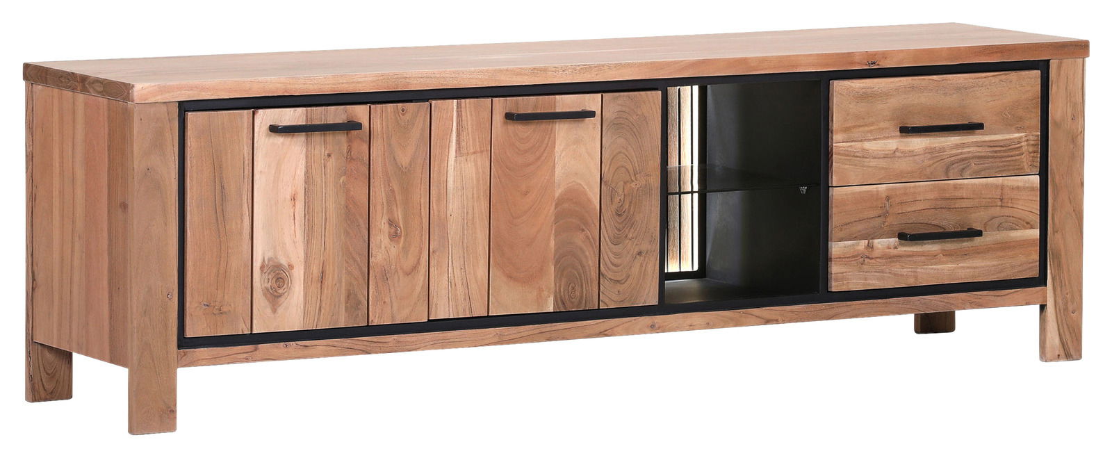 Holz-Lowboard mit zwei Türen, zwei Schubladen und einem offenen Fach, Perspektive von vorne links