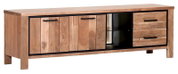 Houten lowboard met twee deuren, twee lades en een open vak, gezien vanaf links vooraan