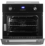 Frontansicht eines modernen Einbauofens mit digitalem Display und Drehknöpfen.