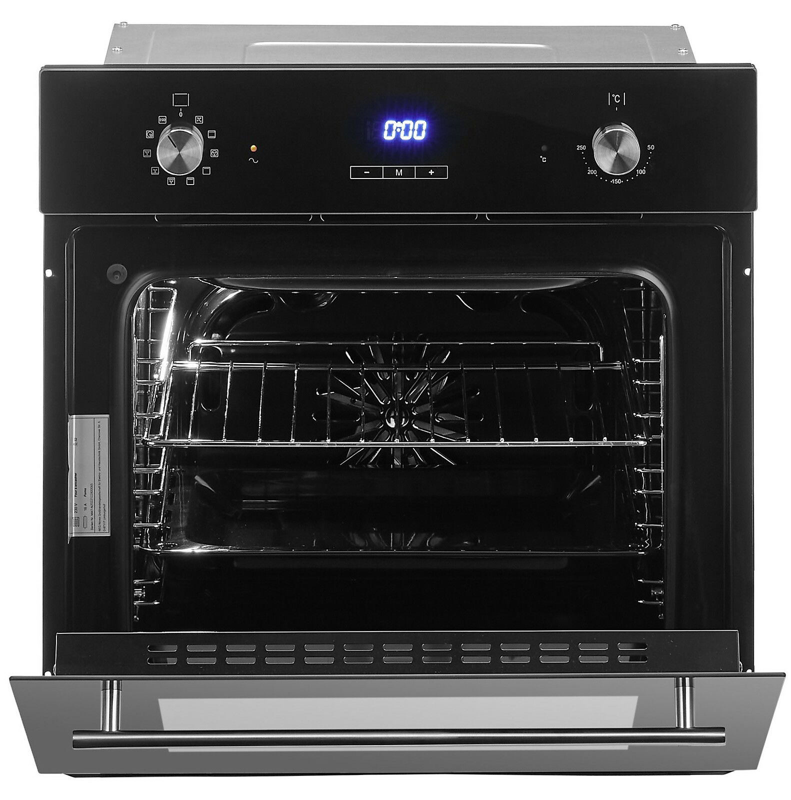 Frontansicht eines modernen Einbauofens mit digitalem Display und Drehknöpfen.