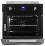 Frontansicht eines modernen Einbauofens mit digitalem Display und Drehknöpfen.