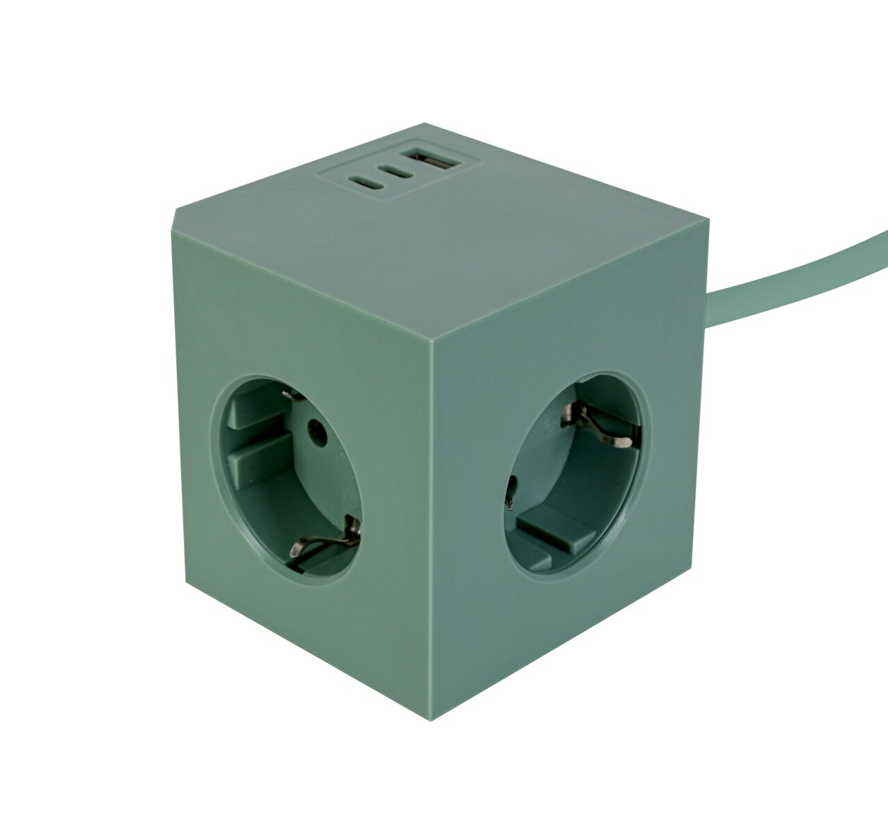 Grüner Steckdosenwürfel mit mehreren Steckplätzen und USB-Anschlüssen, seitliche Perspektive