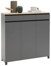 Moderner grauer Schuhschrank mit drei Türen und zwei Schubladen, dekoriert mit Vasen und Büchern, aus frontaler Perspektive.