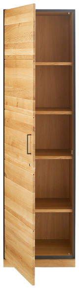 Geöffneter Aktenschrank aus Holz mit vier Regalböden, Perspektive von vorne links