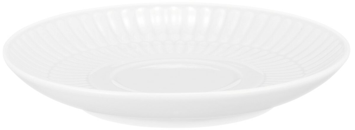 Weiße Kombi-Untertasse klein, 12 cm, mit geriffeltem Rand, seitliche Perspektive