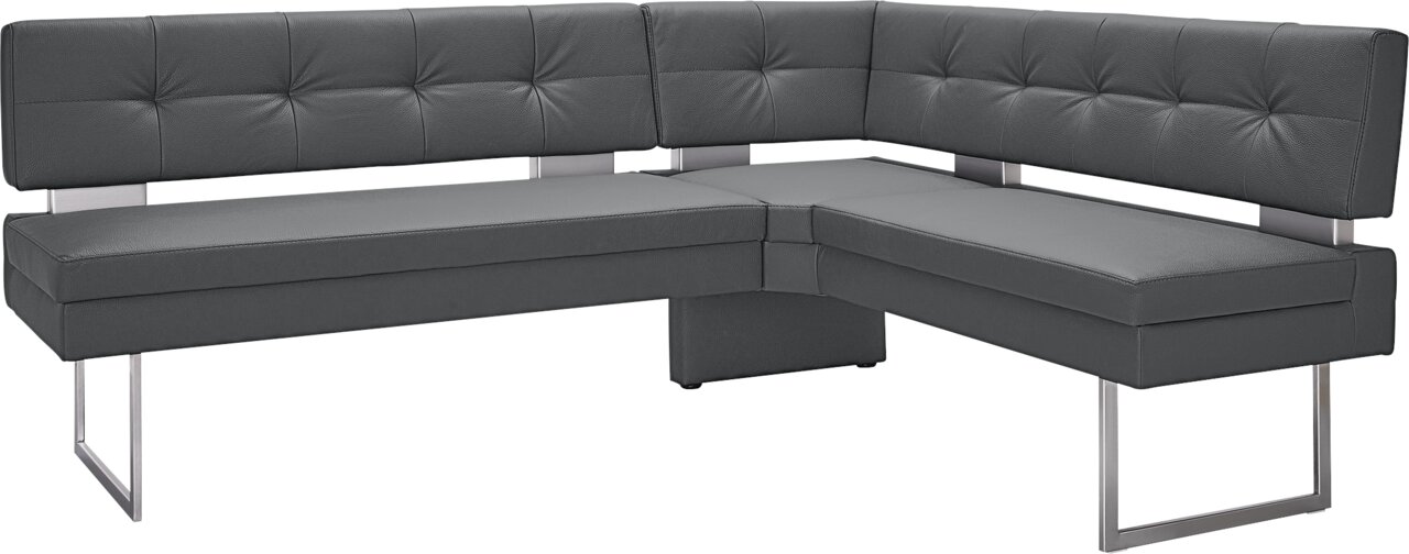 Moderne Eckbank in dunklem Leder mit Metallbeinen, seitliche Perspektive
