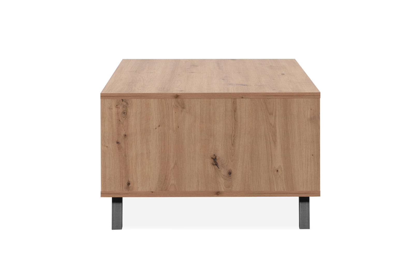 Moderner Couchtisch aus Holz mit natürlicher Maserung, frontal betrachtet.